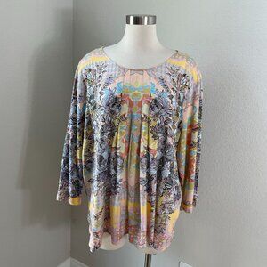 Soft Surroundings Womens Plus 3X Floral Pleated Front Tunic Top 3/4 Sleeve Shirt